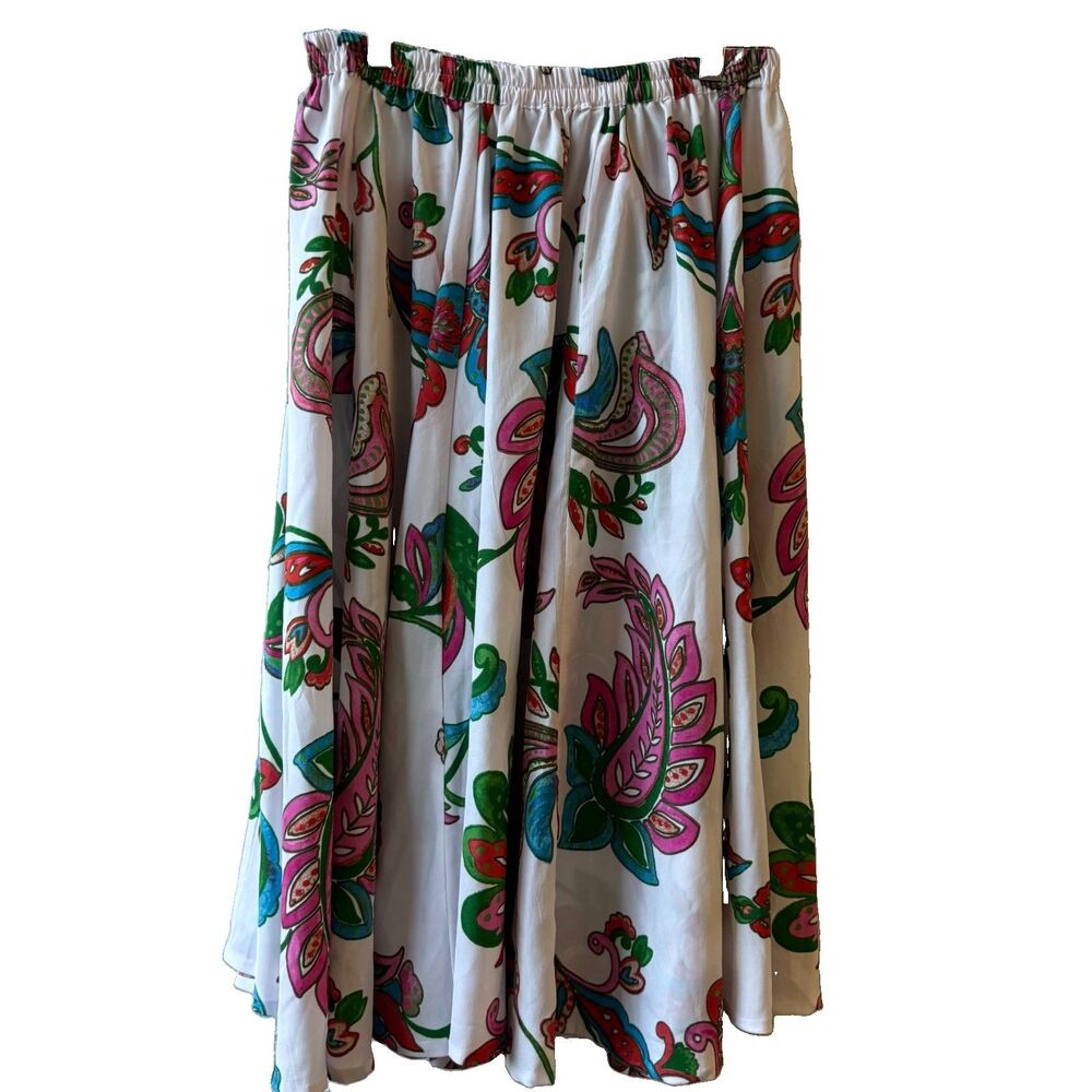 MAGIC Women's White/Multicolor Paisley Satin Pleated Elastic Waist Midi Skirt L